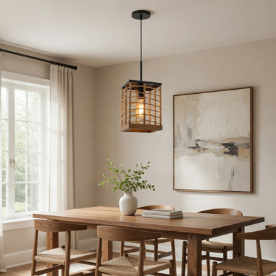 Pendant Light, Braided Burlap Shade, Square Caged Design, Black Metal