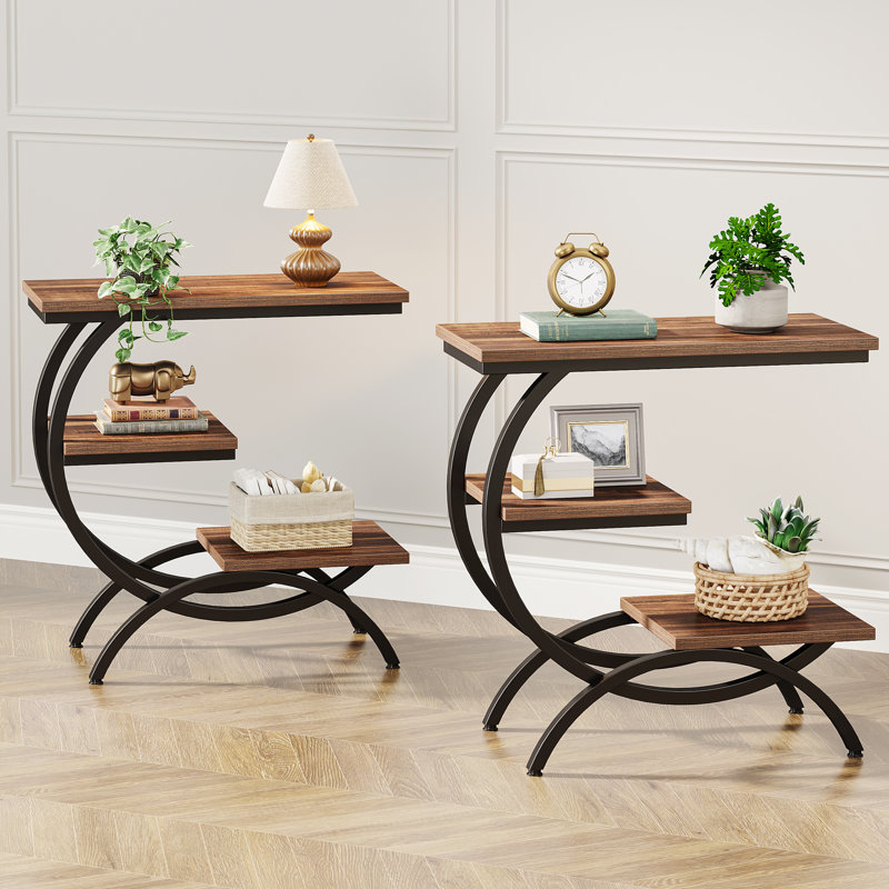 Ensemble de tables de bout en C à 3 niveaux, 2 pièces, Brun foncé / noir