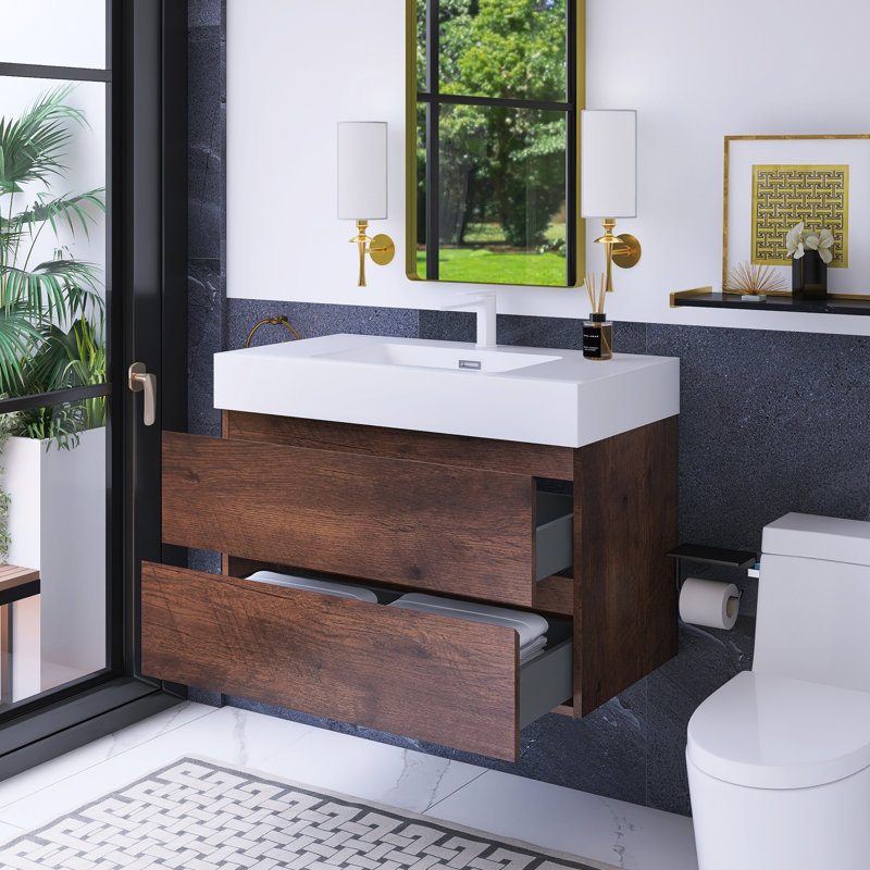 36 po W Meuble-lavabo mural simple avec lavabo blanc, Noyer
