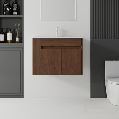 Meuble-lavabo flottant avec lavabo, porte à fermeture en douceur, lavabo en céramique, contreplaqué