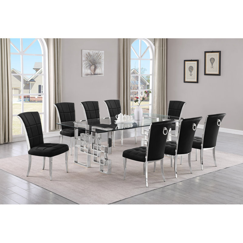 Solie Large Rectangular 95'' L x 46.00'' W Glass Dining Set with Velvet Chairs, Black/Silver, 9, Silver