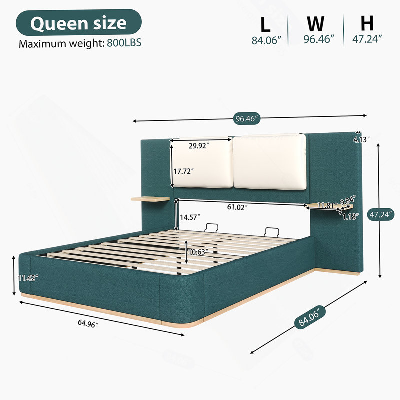 Grand lit plateforme tapissier avec panneau, cadre de lit plateforme avec coins arrondis doux anti-collision, stable et solide, aucun sommier tapissier requis, assemblage facile, vert