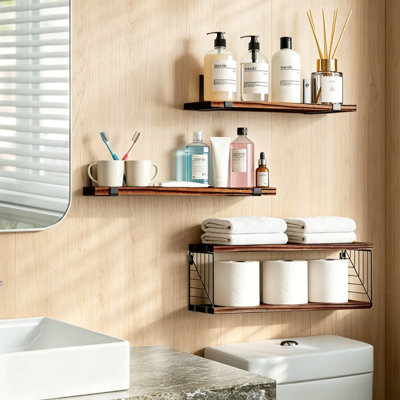 Rustic Brown Wooden Floating Wall Shelves, Wall Mounted Display Shelving for Pictures & Small Trinkets, Multi-Room Storage Organiser for Bathroom, Kitchen, Bedroom, Living Room & Office Wall Décor