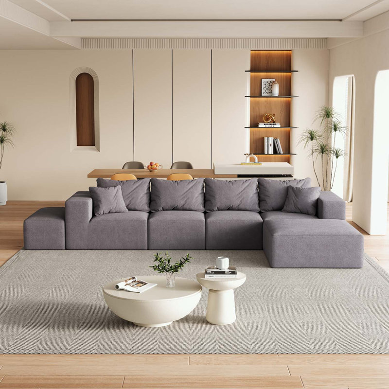 Boneless L Shaped Sectional with 6 Pillows, Gray Chenille