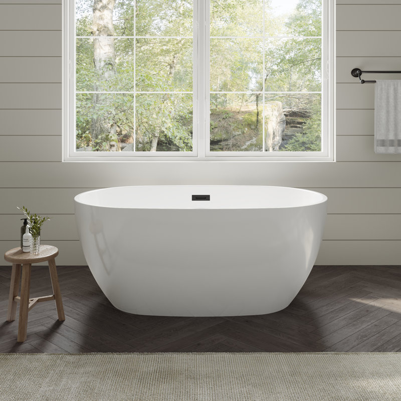 Baignoire autoportante blanche de 55 pouces avec bonde noire Juno et garniture de trop-plein Juno