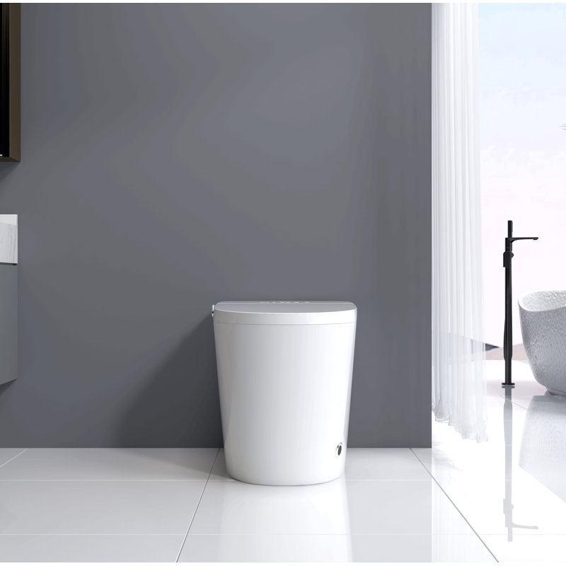 Toilette intelligente de luxe intelligente avec pulvérisateur d'eau chaude et sécheuse instantanées, fonction de chasse d'eau automatique / capteur de pied, siège de bidet chauffé à température ajustée, affichage à DEL blanc