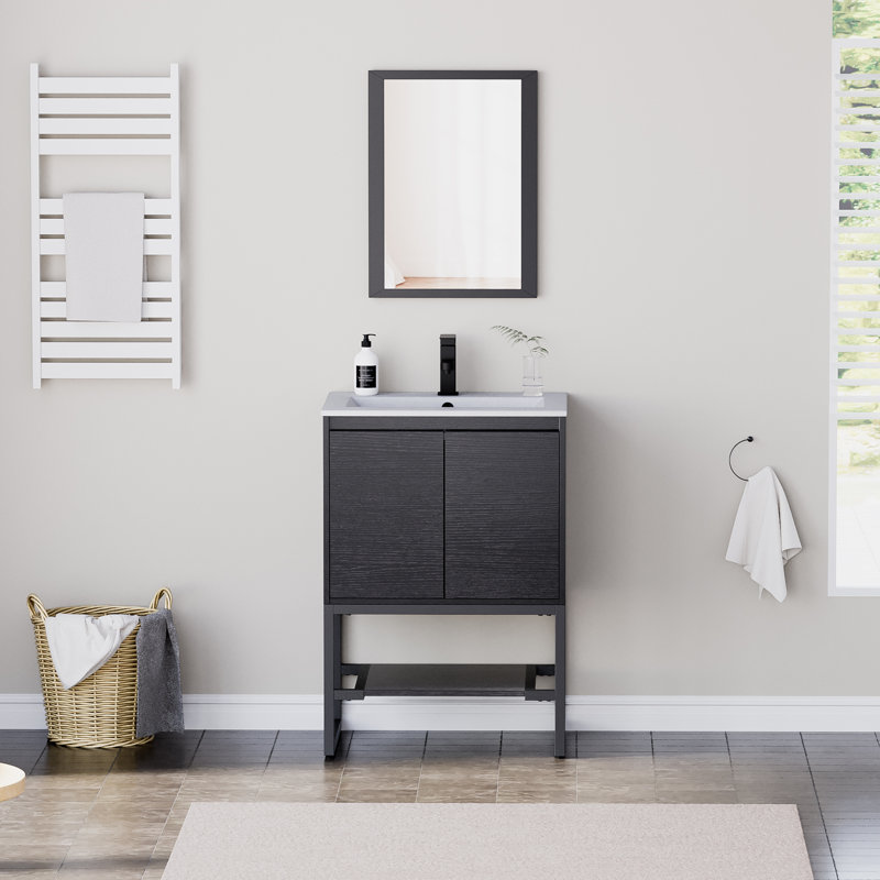 Ensemble de meuble-lavabo simple 24 po avec comptoir en céramique, tablette ouverte, structure en métal 24 po, Noir