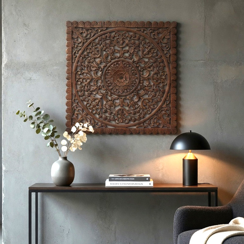 Teather 3Pc Wood Wall Panel Set, Mandala Floral Carving, Brown Finish, 48 Inch Square Decor