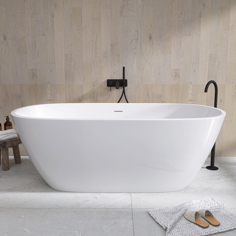65'' x 30'' Freestanding Soaking Tub  Stand Alone Acrylic Bathtub with Center Drain, Glossy White