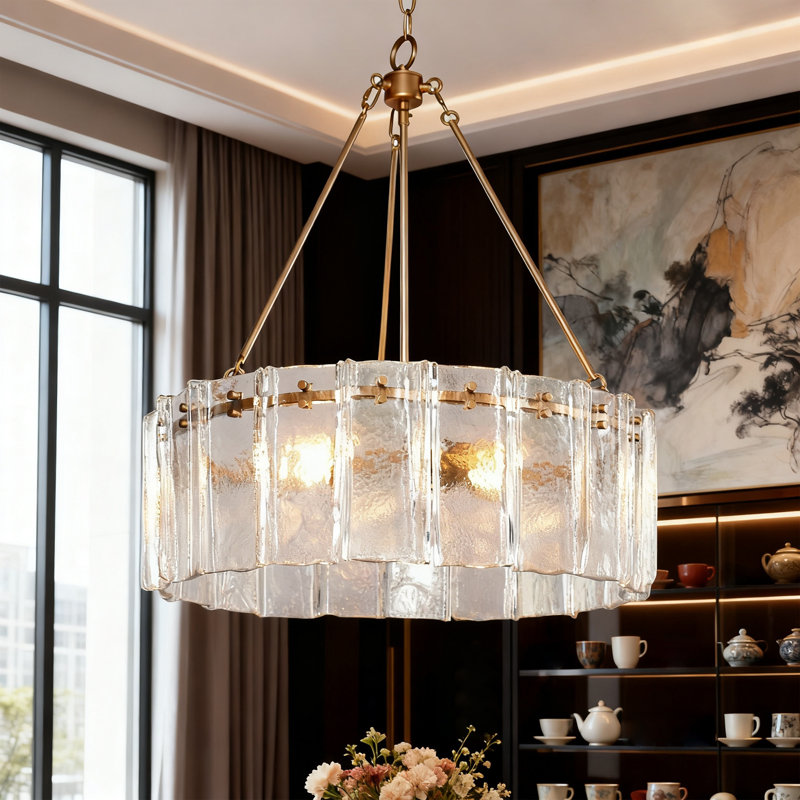 Lustre tambour 6 lumières à abat-jour moderne avec verre texturé, Clair