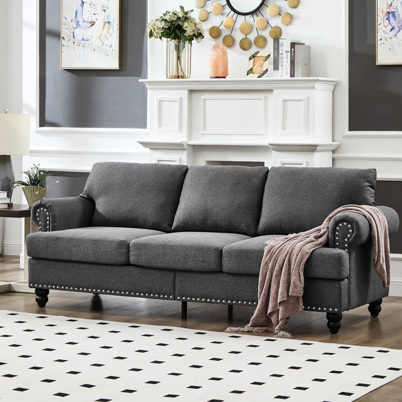 Canapé trois places gris de 211 cm (83 pouces) avec clous argentés, espace de rangement rond et dissimulé, décoration moderne avec clous décoratifs, structure en bois massif gris, housses de coussin amovibles