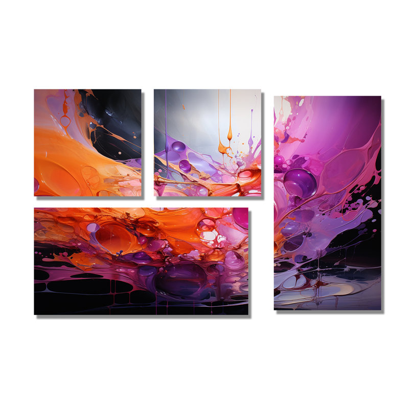 Collage abstrait orange mauve à motif de fractales - décorations murales orange 4 pièces, Toile tendue, Ne s’applique pas