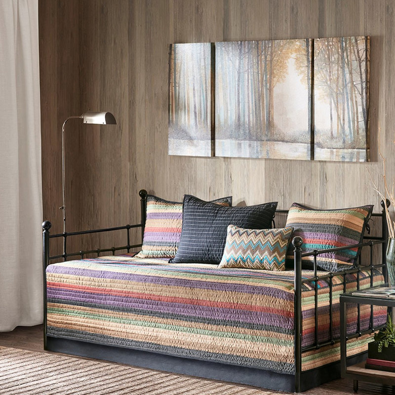 Housse de lit de jour 6 pièces, conception réversible à rayures multiples, matelas simple, housse, 3 taies décoratives, coussin décoratif, décoration facile à laver, ajustement du matelas, lavable à la machine