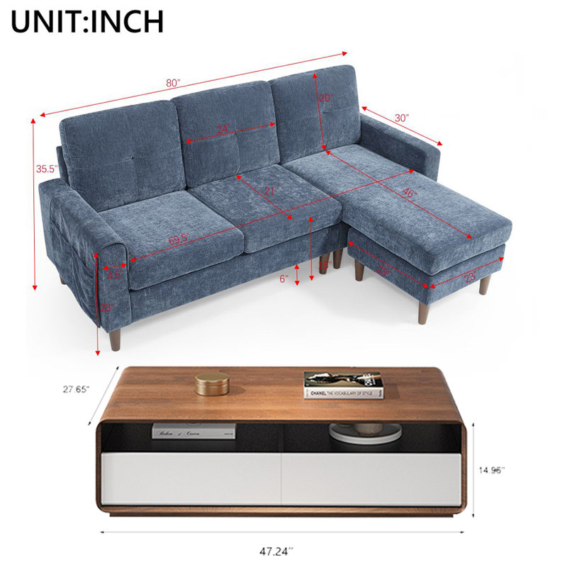 Upholstered 80 " Chenille L-Shaped Sofa & Chaise with Ottoman
