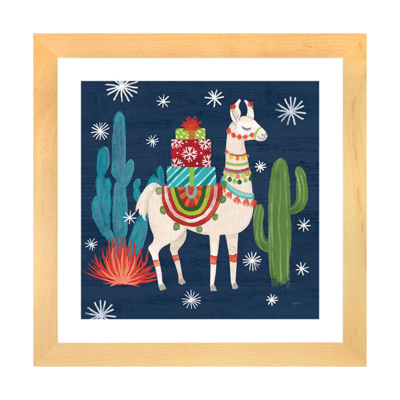 «Lovely Llamas II Christmas» par Mary Urban - reproduction d'art, H 24 po x l 24 po x p 1 po, Toile avec cadre en bois beige
