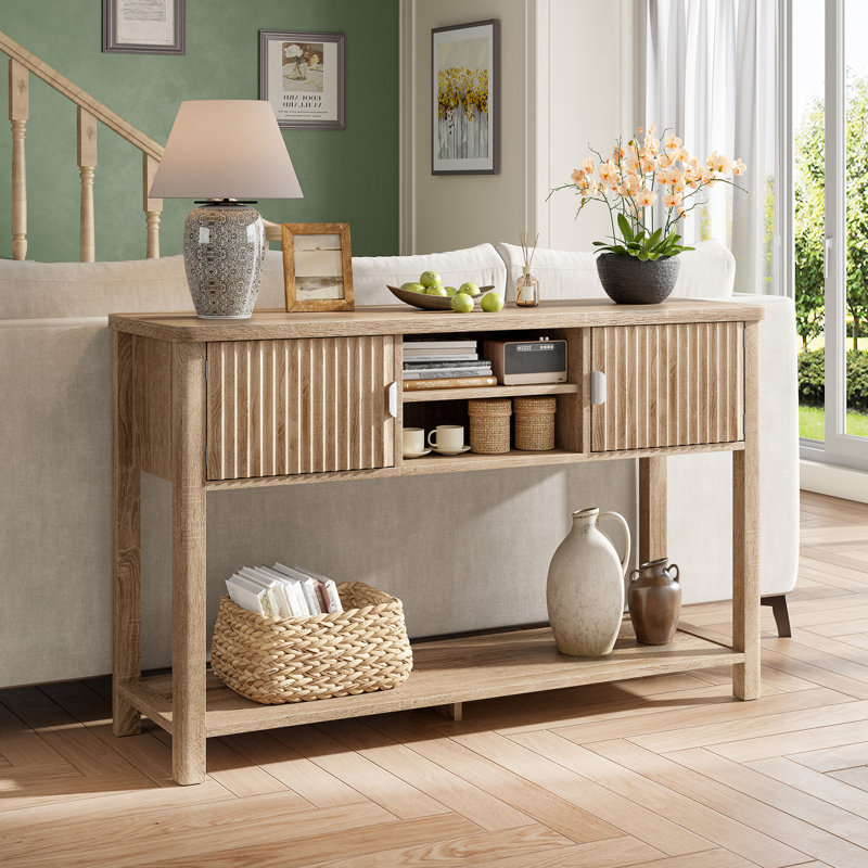 Fluted Storage Console Table in Walnut or Oak Finish for Entryway, Living Room, Oak