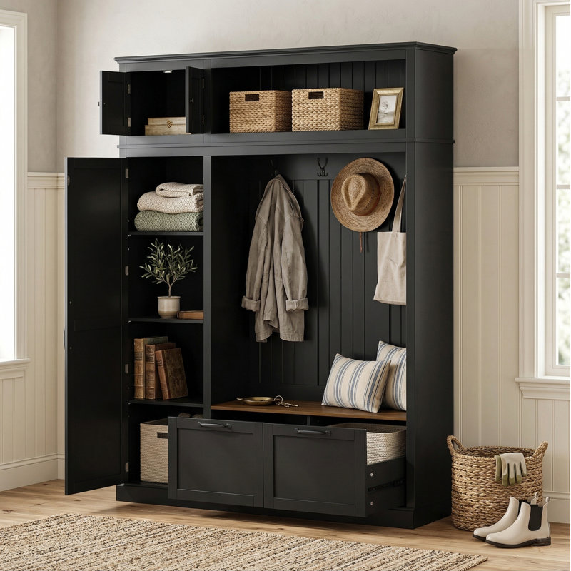 59" Wide Modern Farmhouse Entryway Hall Tree With Storage Bench, Black