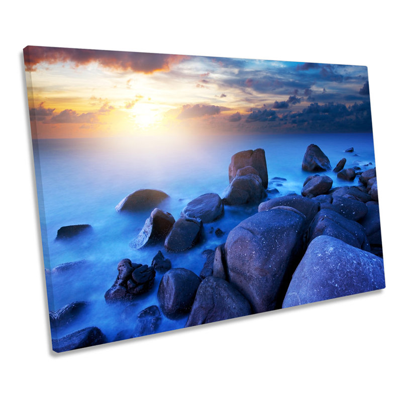 Rocky Sunset Beach Misty Seascape - Wrapped Canvas Art Prints, 30.5cm H x 45.7cm W x 2cm D
