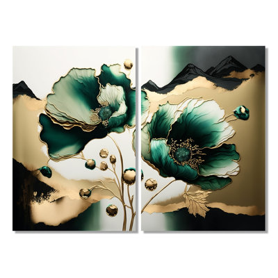 Gold And Green Poppy Floral Euphoria I - Traditional Wall Art