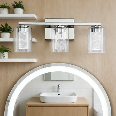 Applique murale chromée moderne à 3 lumières pour salle de bain, avec abat-jour en verre transparent et DEL à intensité variable, température de couleur réglable, idéale pour un corridor, un miroir ou une ambiance champêtre.