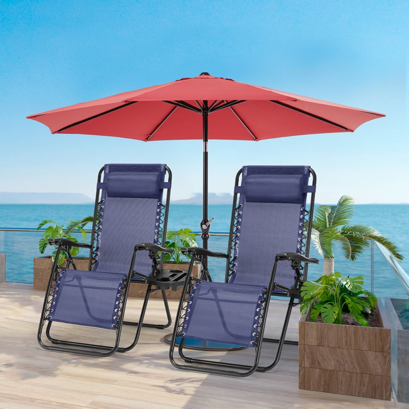 Outdoor Zero Gravity Recliner Lounge Chair Set  With Patio Umbrella, Black