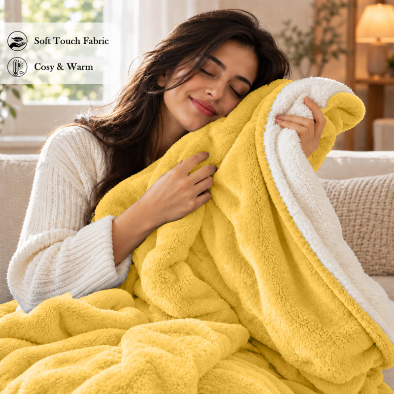 Jeté réversible en molleton Sherpa - Microplush ultra doux, chaleur toutes saisons, lavable à la machine, Ochre