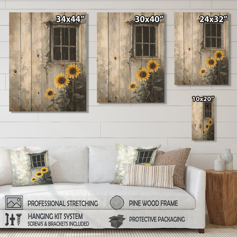 Countryside Sunflowers And The Barn Windows I - Sunflowers Wood Wall Decor - On Natural Pine Wood, 32" H x 24" W x 0.78" D