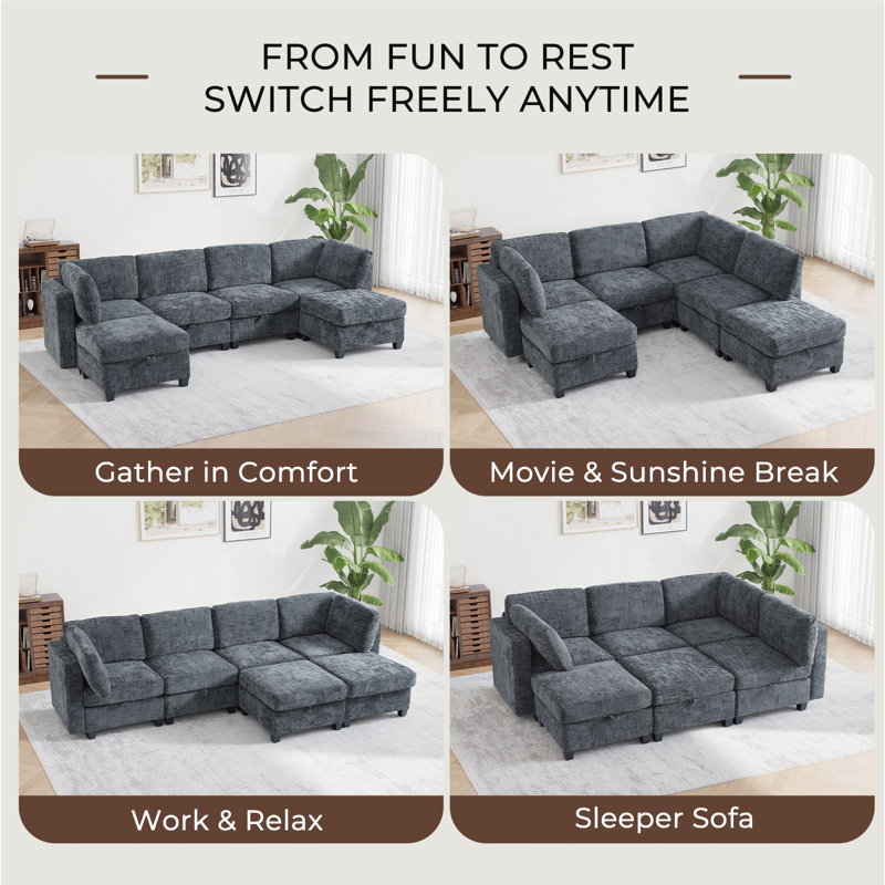 128" Oversized Modular Sectional Sofa with Storage & Removable Covers, Convertible U-Shape, L-Shape & Sleeper Configuration, Modern 6-Seater Couch with Movable Ottoman