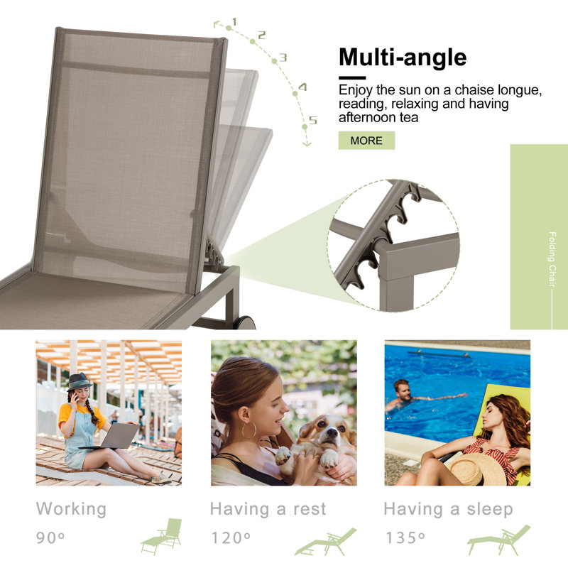 Arlenne Outdoor Metal Chaise Lounge with Wheels, Khaki