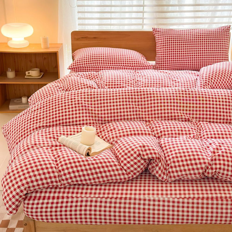 Gingham Duvet Cover Set, Grid Simple Geometric Square Pattern Comforter Cover, Soft Plaid Washed Microfiber Bedding Cover