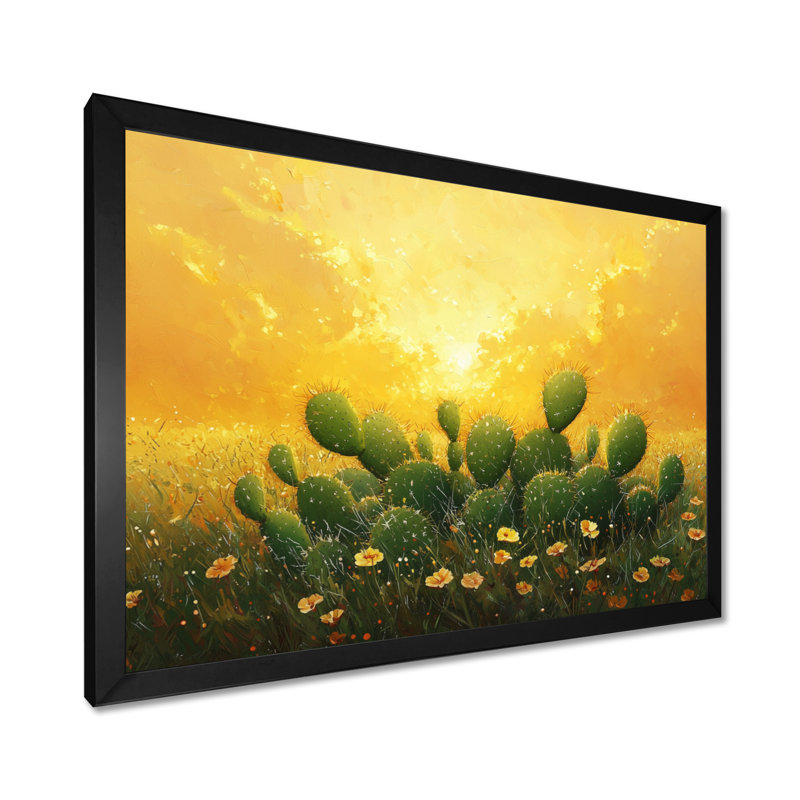Cactus dans la lumière dorée III - cactus, art mural, H 34 po x l 44 po, Cadre simple, Noir
