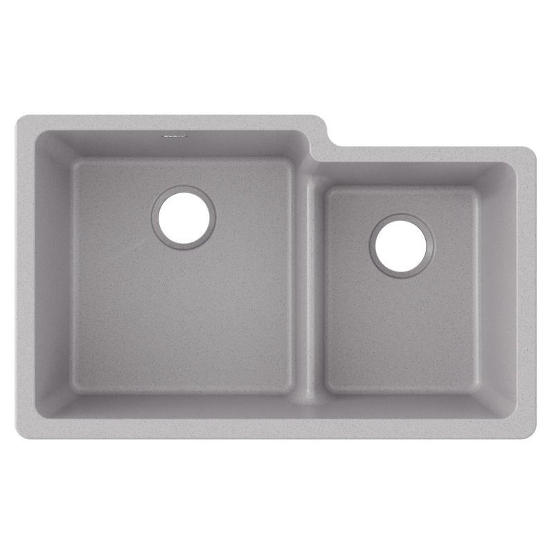 Elkay Quartz Classic 33" X 20-1/2" X 9-1/2", Offset 60/40 Double Bowl Undermount Sink With Aqua Divide, Greystone