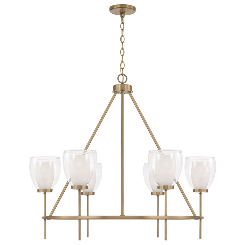 35" W x 31" H 6-Light Ring Chandelier in Aged Brass with Layered White and Clear Glass