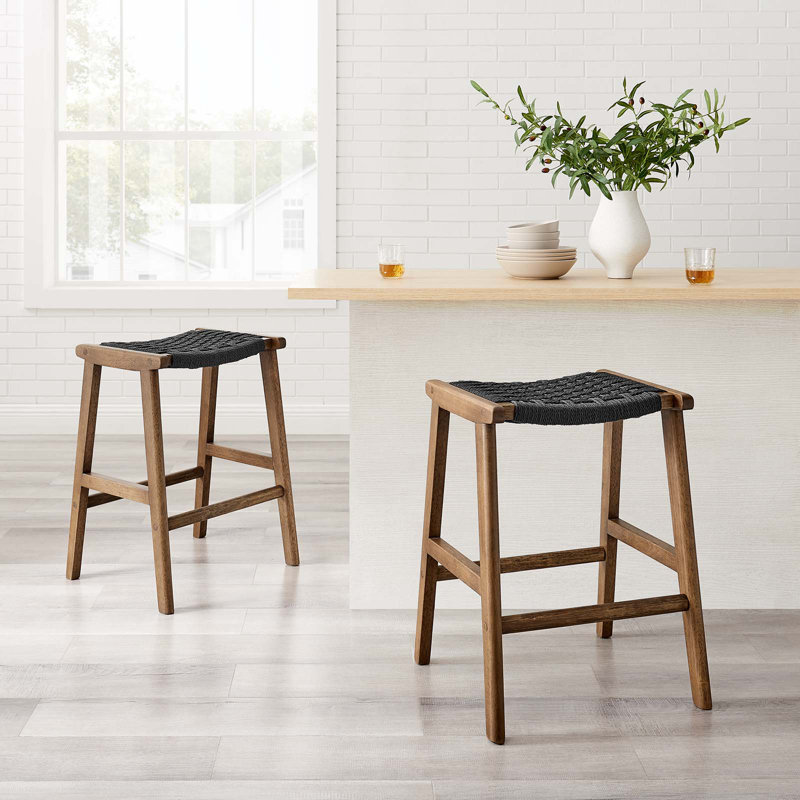 Modway Saoirse Counter/Bar Stools, Counter Stool (26” Seat Height), Black Rope /Walnut Frame