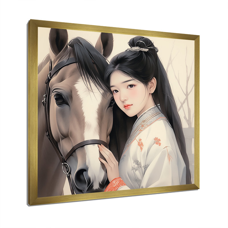 Kimono japonais, femme et cheval, Cadre doré simple, H 30 po x l 30 po x P 1,5 po