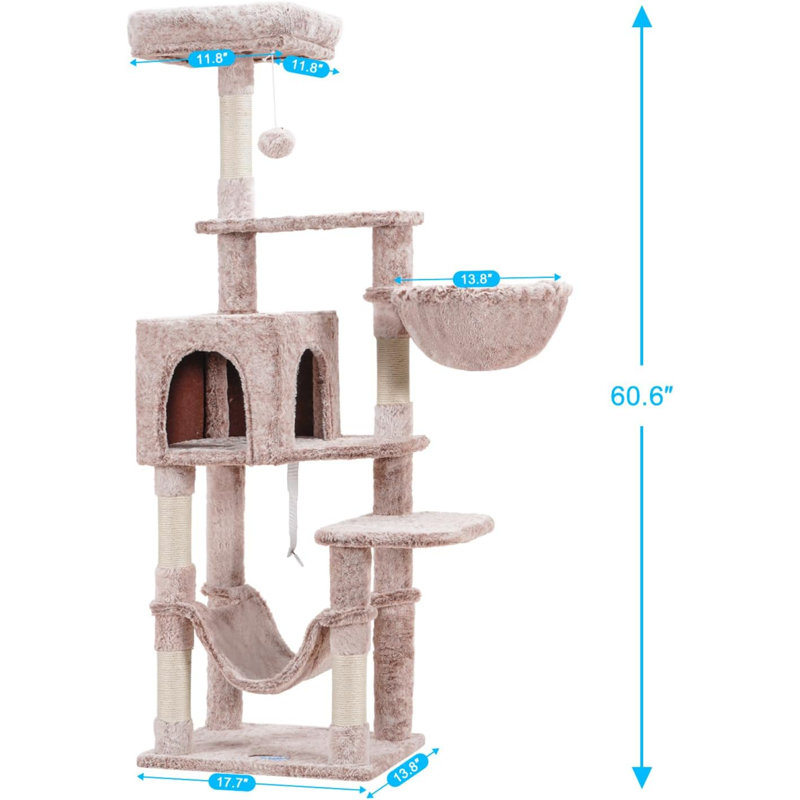Arbre à chat avec grand hamac, tour de chat à plusieurs niveaux pour chats d'intérieur, condo pour chat avec poteaux à griffes recouverts de sisal et perchoir supérieur, MPJ050W