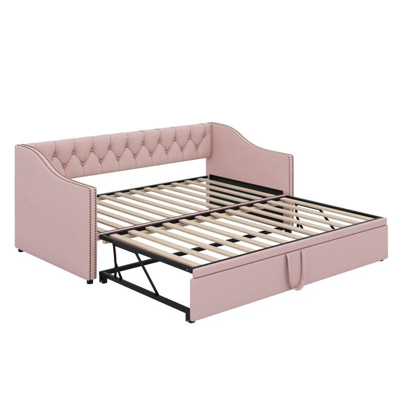Twin Size Upholstered Daybed With Pop Up Trundle, Pink