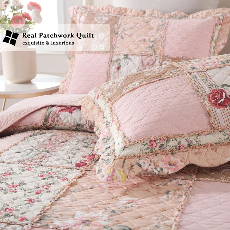 Ensemble de courtepointe en patchwork 3 pièces 100 % coton, couvre-lit brodé avec de véritables points de couture, réversible, léger et respirant pour toutes les saisons, doux et matelassé, avec 2 taies d'oreiller, taille King