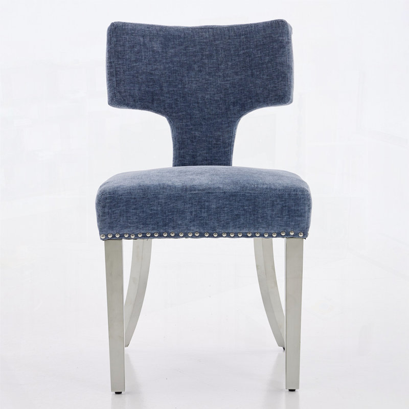 Farmhouse Chenille Fabric Upholstered Dining Chairs, Blue