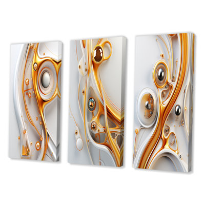 Sublime Liquid Minimal In Gold White Silver I - Abstract Shapes Art Set Of 3 Pieces