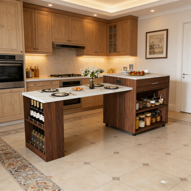Îlot de cuisine sur roulettes Farmhouse, chariot de cuisine à abattant avec comptoir en placage à motif de marbre, grande armoire de rangement avec prise de courant