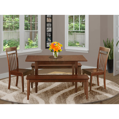 5 Piece Dinette Set for 4 Includes a Rectangle Dining Table with Butterfly Leaf and 2 Dining Room Chairs with 2 Benches, Mahogany