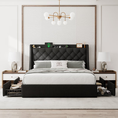 Queen Bed Frame with 4 Storage Drawers, Upholstered Storage Bed with Charging Station, Wingback Storage Headboard, No Box Spring Needed,Black