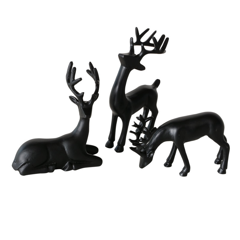 Rustic Reindeer Figurines, Set Of 3, Handmade, Cast Aluminum, 8.75 Inches, Black