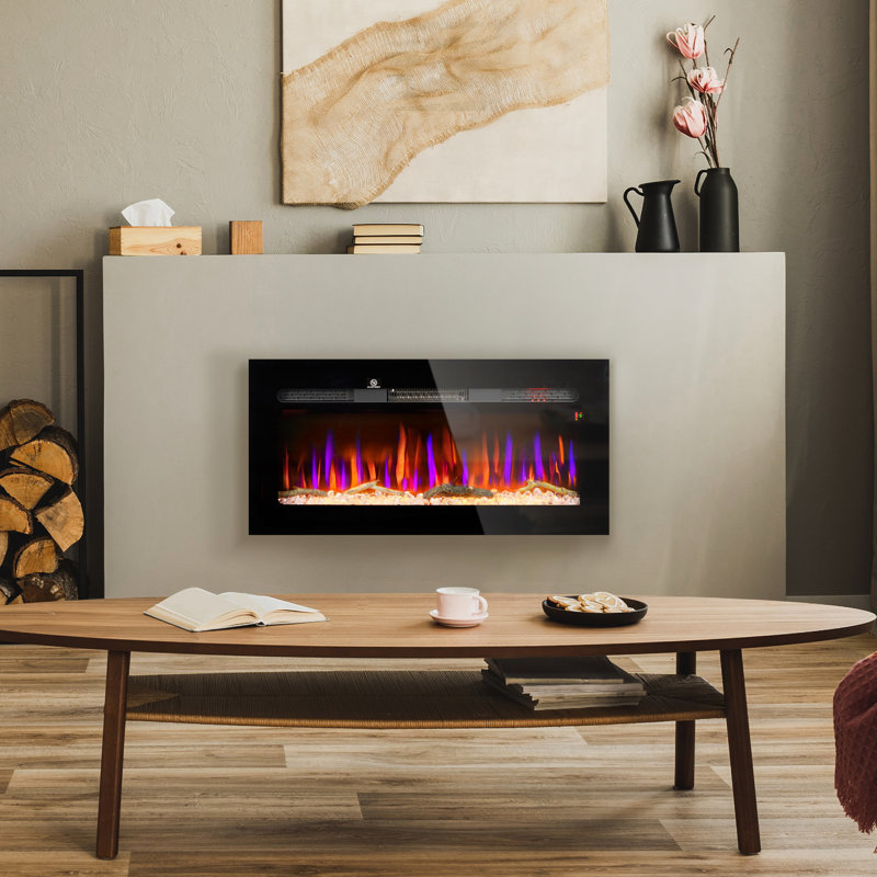 Foyer électrique 36 "avec télécommande - Chaufferette 1500W, minuterie 8H, flamme réglable, bûche et cristal, acier noir, chauffage efficace encastré mural, sortie de chaleur sécuritaire