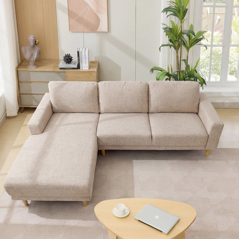 2-Piece 90" Upholstered L-Shaped Fabric Linen Corner Sofa, Oatmeal