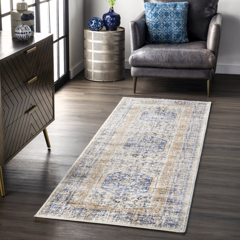 Caramont Florid Dreams Performance Blue Rug, Runner 2'8" x 8'