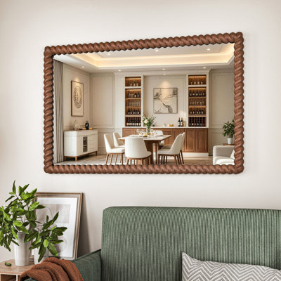 Miroir rectangulaire avec cadre décoratif en corde torsadée, miroir brun foncé, à fixer au mur ou à poser, pour salle de bain ou salon.