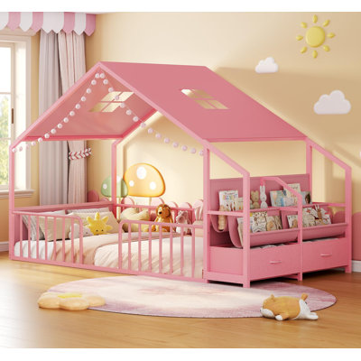  Twin Size Metal House Bed with Roof Windows & Canopy, Floor Bed with Guardrails, Side Shelves and Storage Drawers