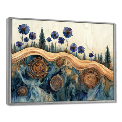 Fleurs bleues turquoise et paysage de forêt en bois I - Art mural grand bleuet
